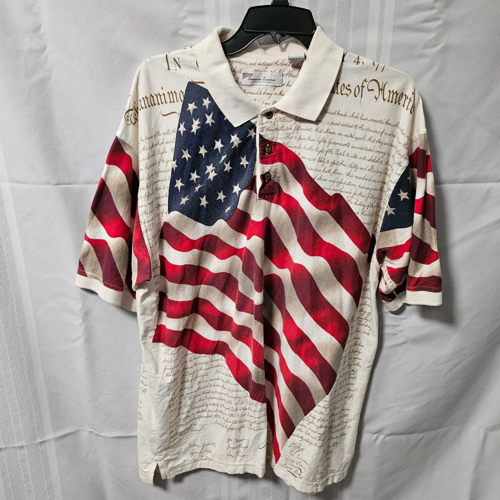 American Summer Polo Men XL Cream USA Flag Declaration of Independence Patriotic